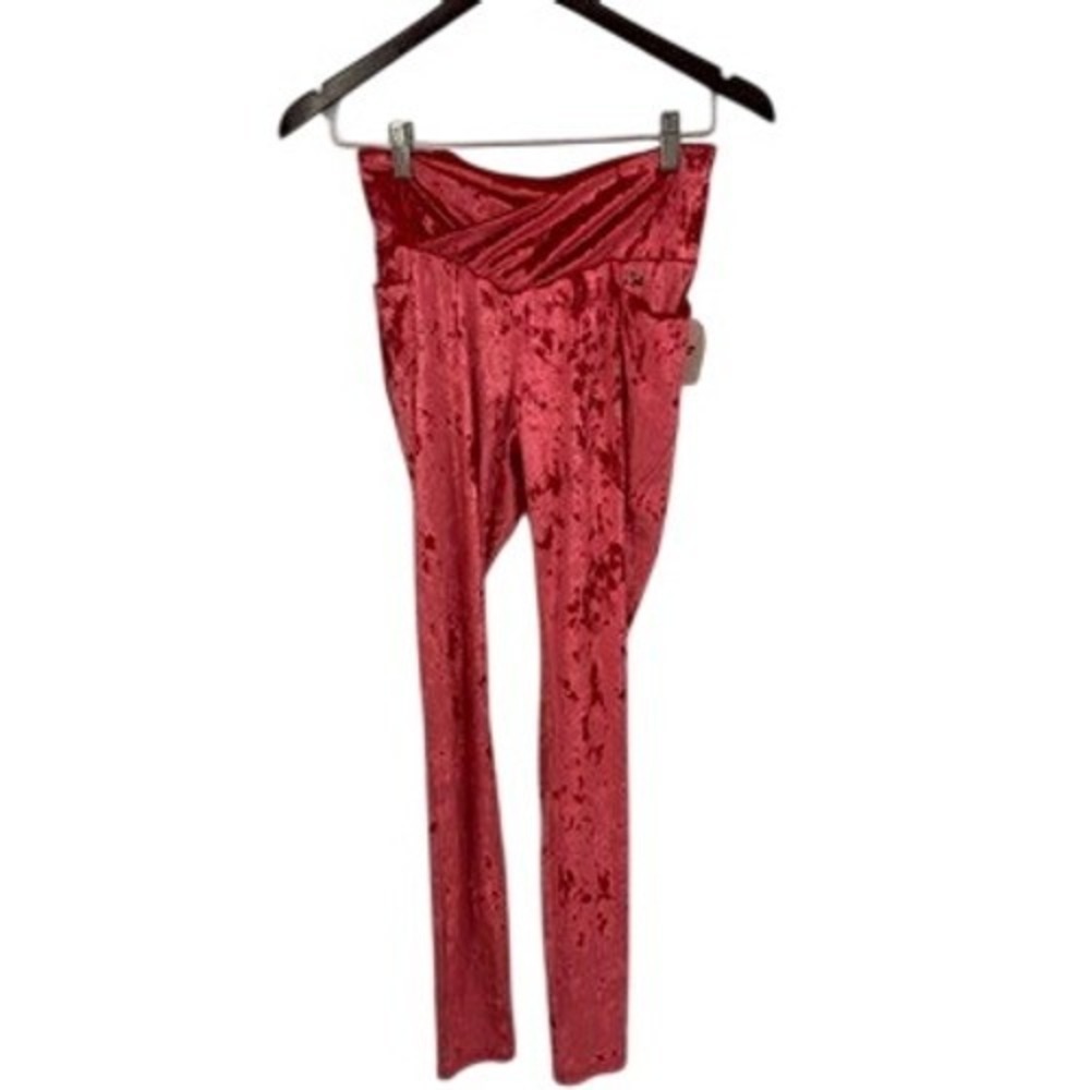 Fabletics Strawberry Red Crushed Velour Crossover Leggings High Waisted Spring